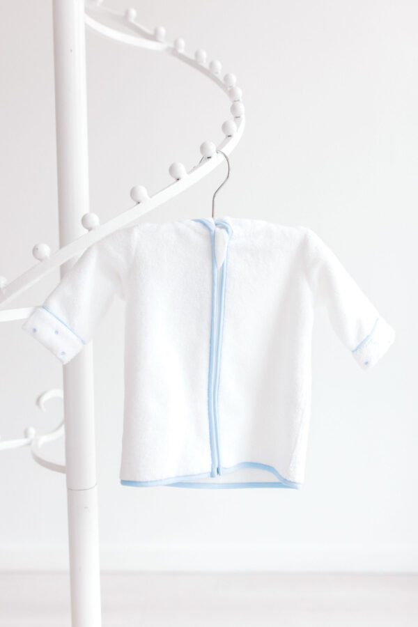 Baby Bathrobe – White with Blue  Dots