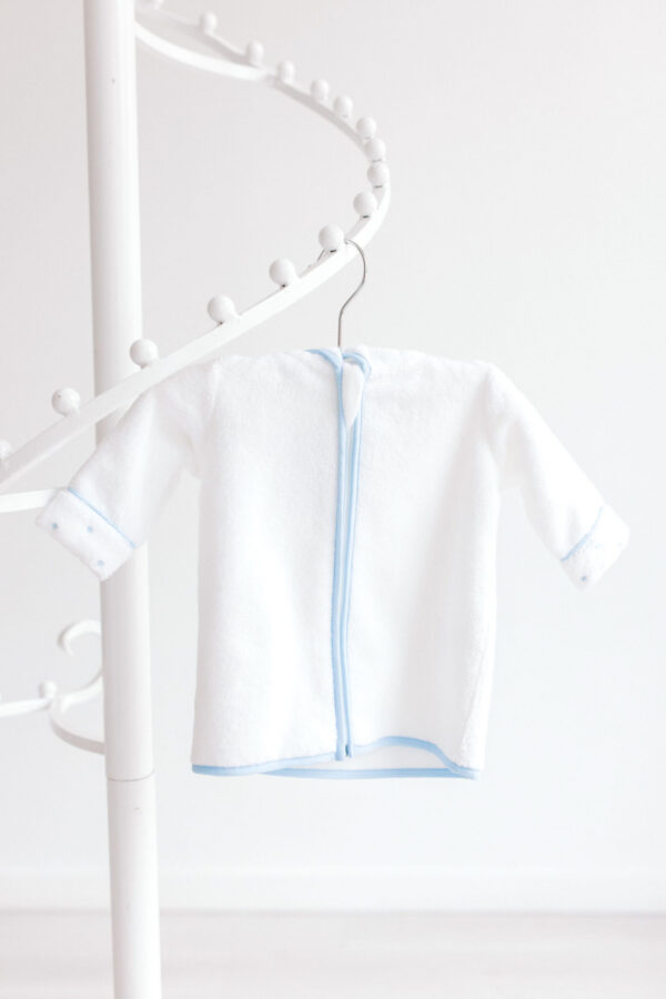 Baby Bathrobe – White with Blue  Dots