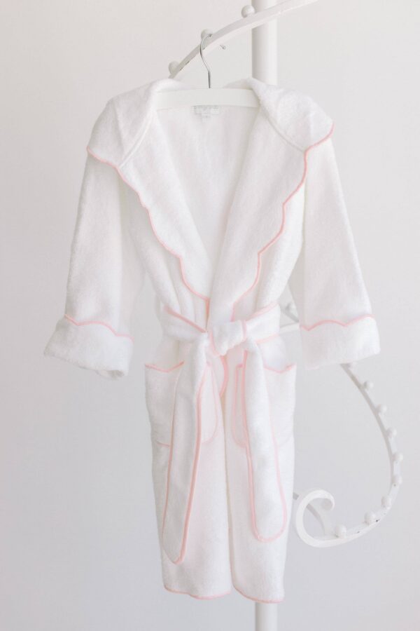 Bathrobe – White Terry with Hood & Pink Scalloped Trim