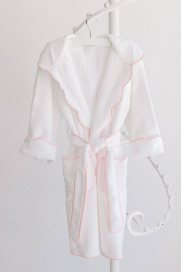Bathrobe – White Terry with Hood & Pink Scalloped Trim