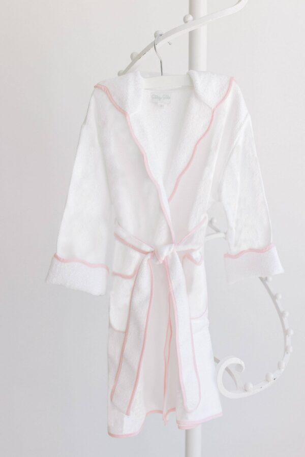 Bathrobe – White Terry with Hood & Pink Stripe Trim